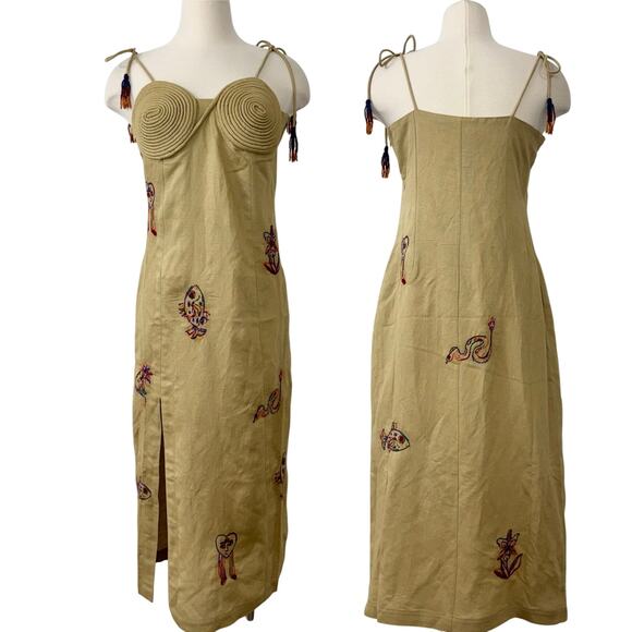 FARM Rio Embroidered Linen Blend Side Slit Midi Dress Ivory Beige M NWT - Picture 1 of 10